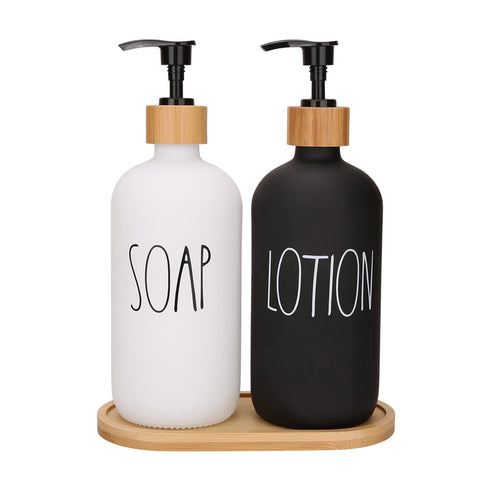 AfooBezos Soap Dispenser Bathroom Set, Hand Soap and Lotion Dispenser Set with Tray for Bathroom, Black and White Bathroom Decor Modern Farmhouse Decor Kitchen Art Dish Soap Holder (Black & White)