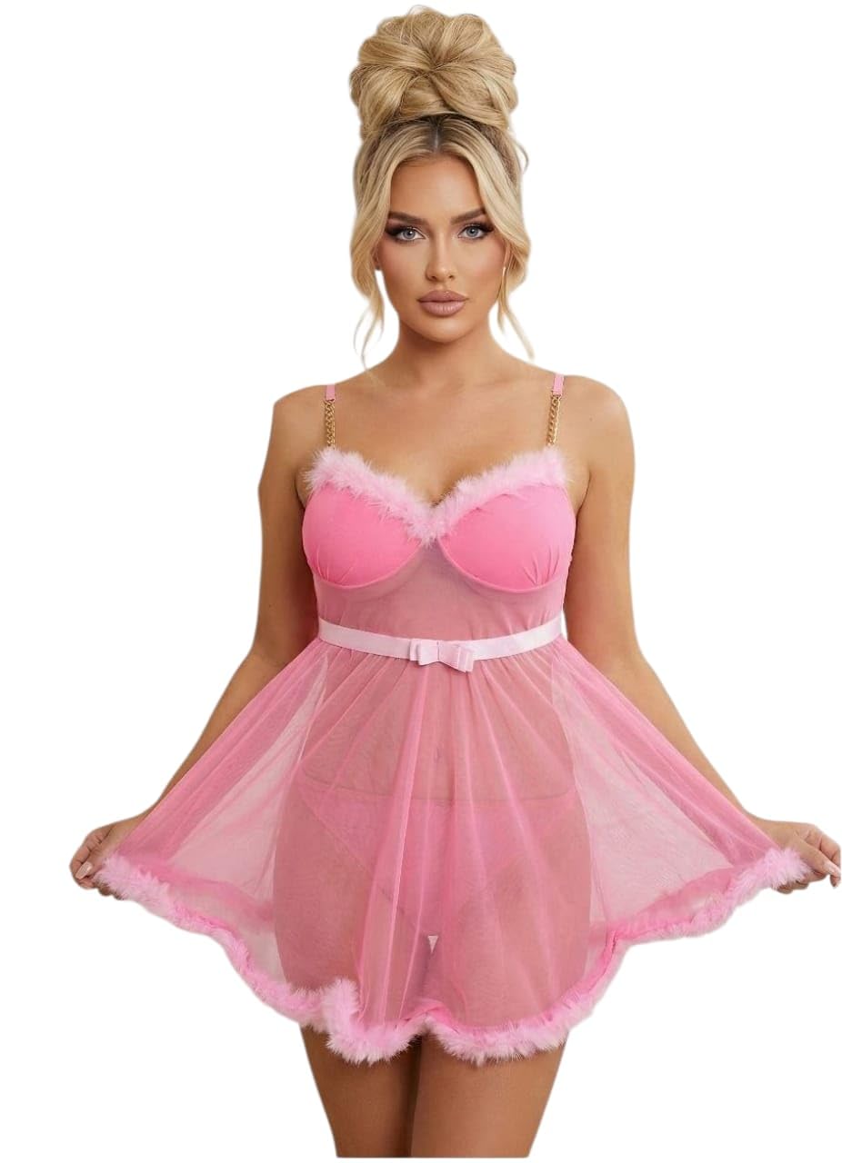 Pink Sheer Lingerie Babydoll Nightgown with Gold Suspenders and Feather Detail and Free Size Bow Belt