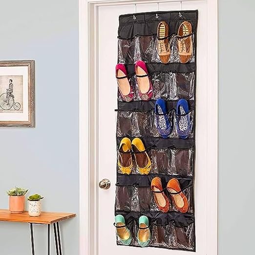 Premium Over The Door Storage Organizer With 24 Large Mesh Pockets, Hanging Shoe Rack With 3 Durable Hooks, Space Saving Over The Door Organizer For Bedroom, Closet, Bathroom, Dorm Room (Black)