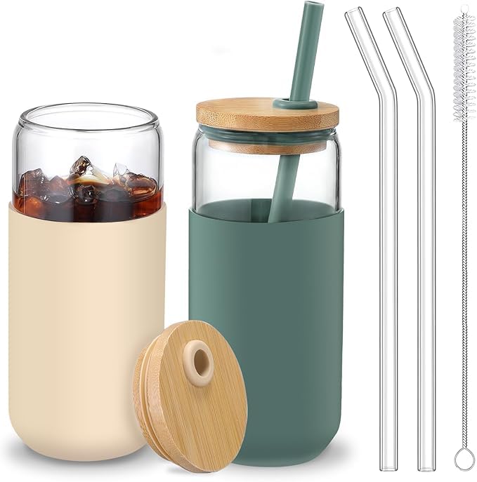 Glass Water Tumbler with Silicone Protective Sleeve Beer Can Glass Cups with Straw and Bamboo Lid Iced Coffee Glasses Cute Drinking Glasses for Water Smoothie Boba Gift 1 Pack (Amber Cambridge Blue)