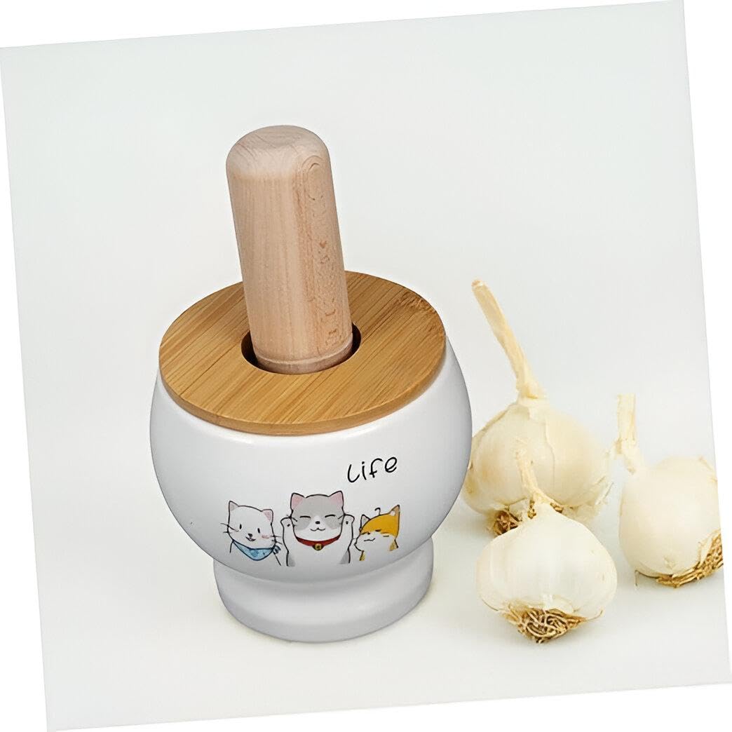 Mortar and Pestle - Imported Wood Coated Porcelain Different Designs Garlic Crusher Kitchen Use Multiple Grinding Applications