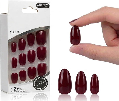 12pc Colored RED False Nails Full Cover Soft Gel Acrylic Tips Pointy Fake Nail Artificial Fingernails Manicure Designs With 1 SHEET DOUBLE FACE. OVAL SHAPE- (N5)
