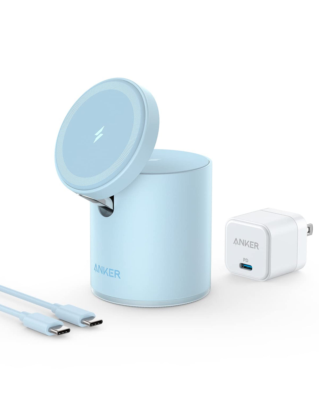Anker Magnetic Wireless Charger, 623 MagGo 2-in-1 Wireless Charging Station with 20W USB-C Charger, for iPhone 14/14 Pro/14 Pro Max/13/13 Pro Max, AirPods Pro (Misty Blue)