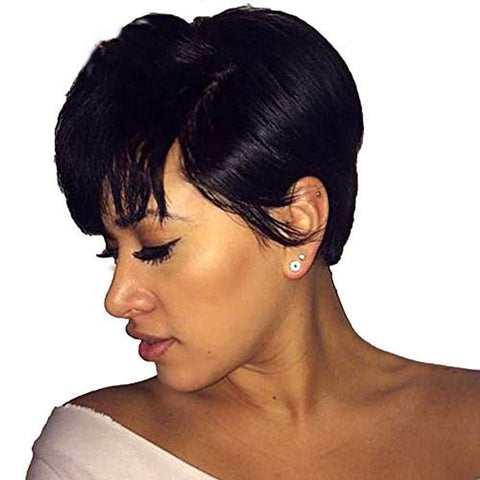 ECIF Pixie Bob Wigs Human Hair Wigs For Black Women Short Black Pixie Cut Wigs With Bangs 1B Color