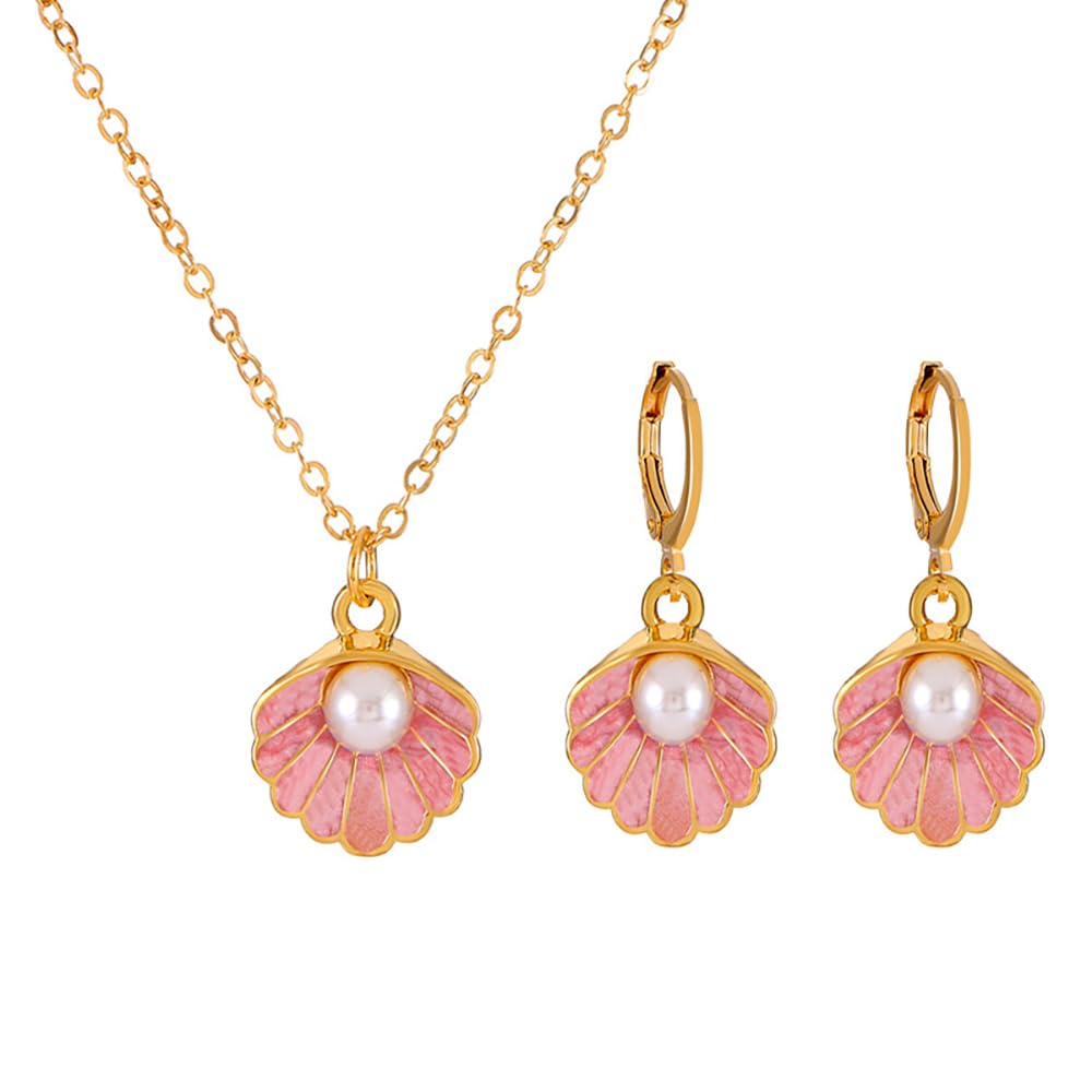 Cute Seashell Necklace with Earrings Jewlery Set Pink/White/Blue Sea Shell Necklace Fuuny Pearl with Conch Necklace Charm Gift for Women Girls