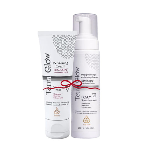 Tetra Glow Sensitive Zone Routine Lumiskin care, tranexamic acid, dark area correction, pigmentation treatment, soothing formula, non-irritating cream, daily sensitive zone care, (1 Cream + 1 Foam)