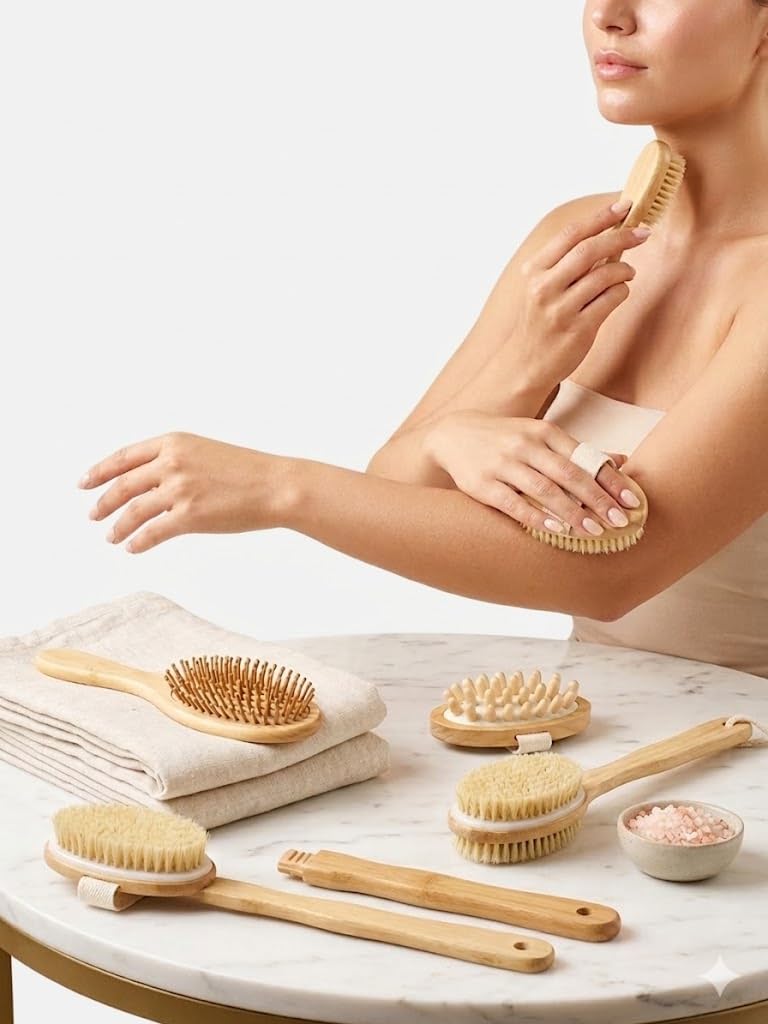 5 in 1 Body Care Kit - Dry Brush & Silicone Massage Brush Set with Bamboo Hair Brush and Foot Stone - for Ochelia, Cellulite, Blood Circulation