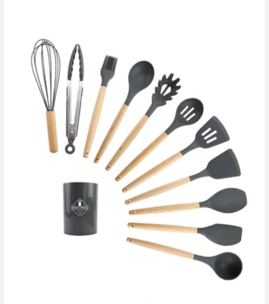 Downtown 12-Piece Silicone Kitchen Utensils Set with Wooden Handles, Black Turner Whisk Tongs and Ladle with Storage Cup, Complete Organization Set for Professional Home Cooking Prep