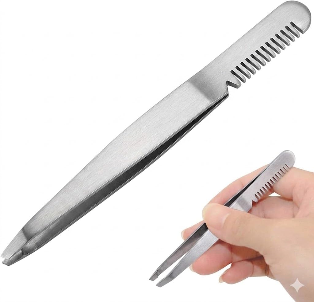 Tweezer - Professional Eyebrow with comb, Facial & Hair Remover - Etched Interior Tip to Grab Hair From the Root-SILVER
