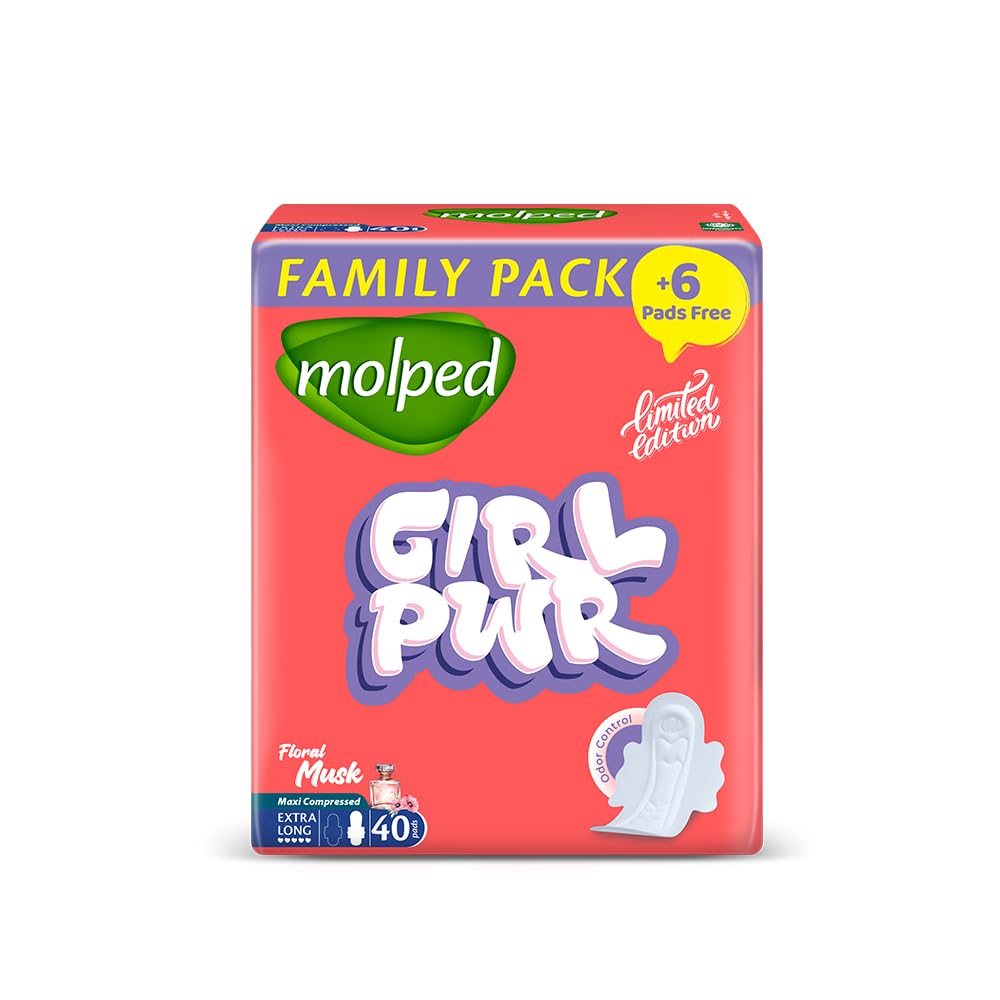 Molped Girl Power Sanitary Pad, Extra Long, Family Pack 40 Units, Cotton Material, Maxi Compressed, Floral Musk for Heavy Flow