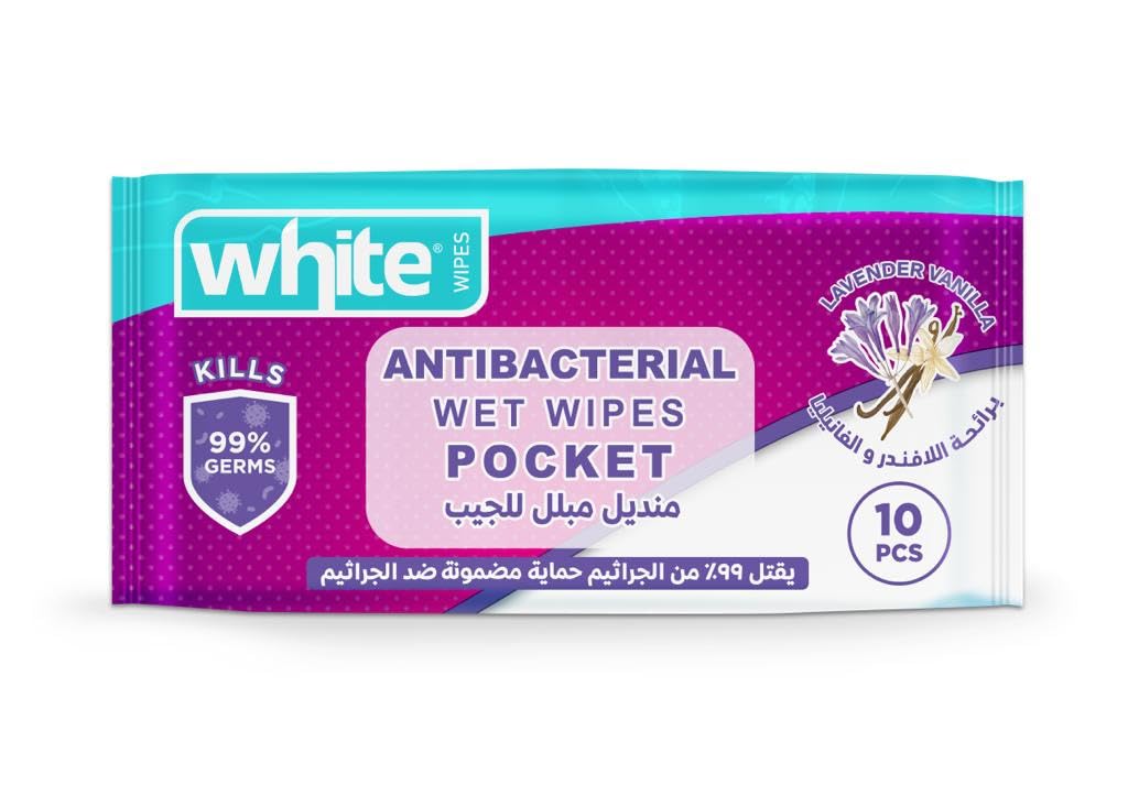 White anti-bacterial wet wipes pocket with lavender & vanilla 10 pulls