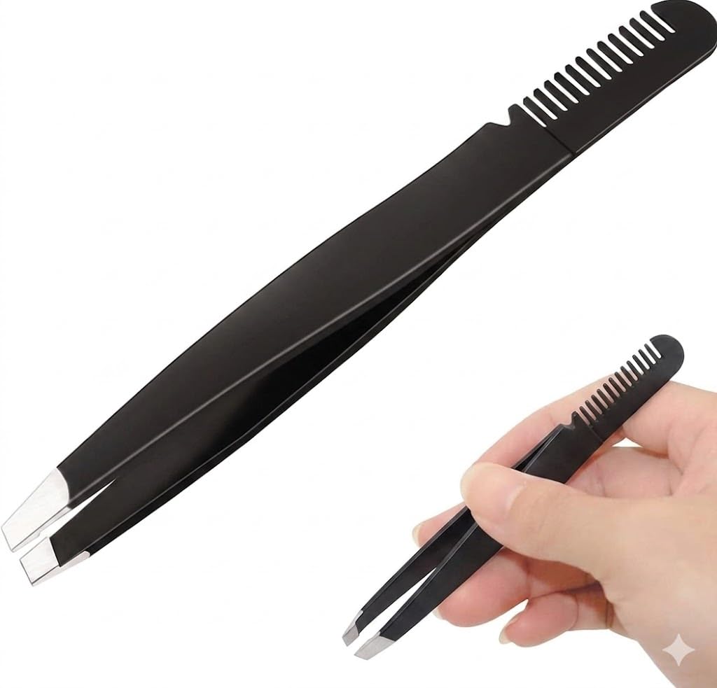 Tweezer - Professional Eyebrow with comb, Facial & Hair Remover - Etched Interior Tip to Grab Hair From the Root-black