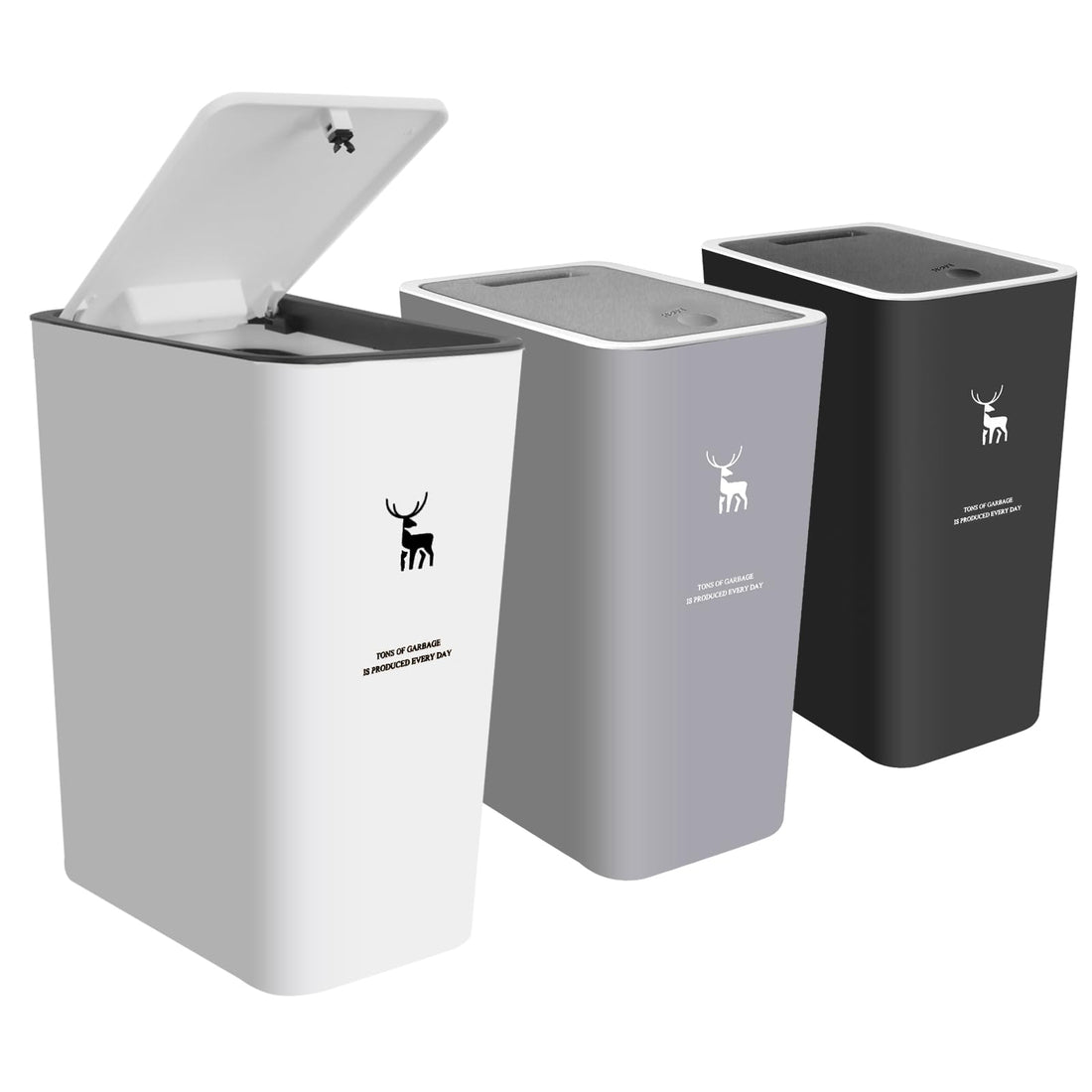 XPIY Trash Can with Lid, 3 Pack 4 Gallons/15 Liters Garbage Can with Press Top, Small Trash Can Dog Proof, Plastic Trash Bin, Waste Basket for Bathroom|Kitchen|Bedroom|Office (1, BlackWhiteGrey)
