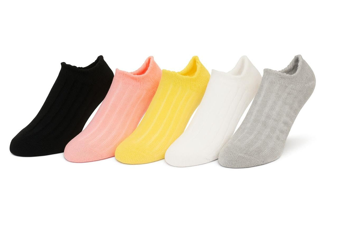 No Show Socks, Cotton Blend, Multi-Color Pack, Low Cut Athletic Socks for Women, Black, Pink, Yellow, White, Grey, 5 Pairs
