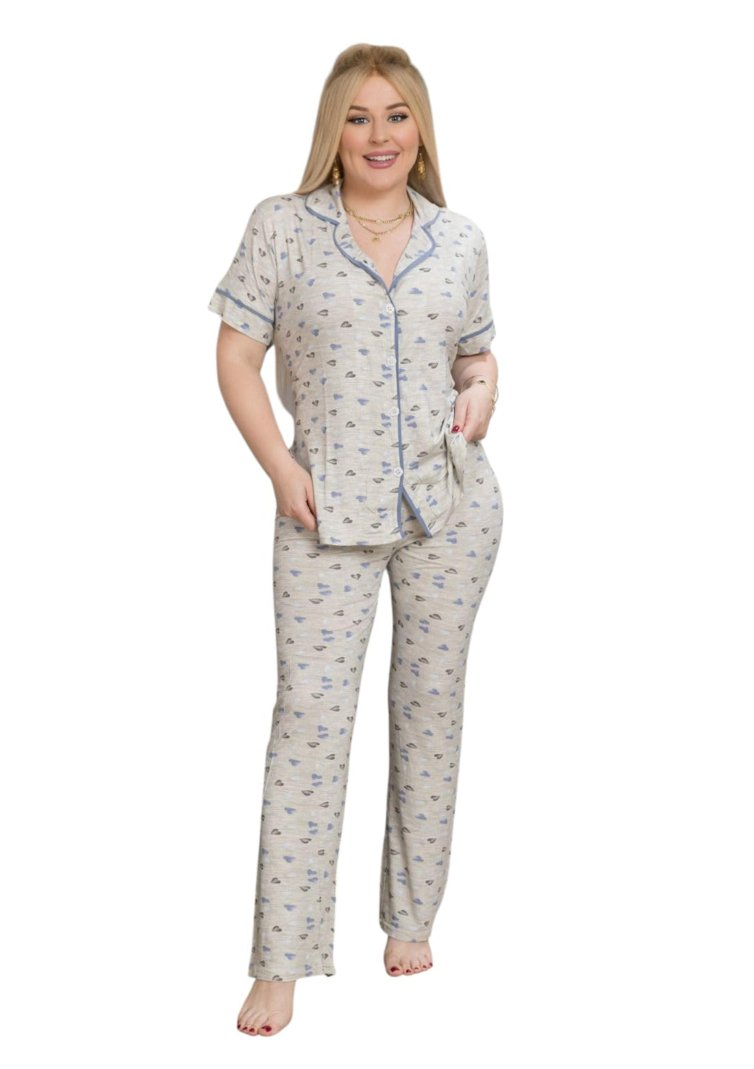 Women’s Classic Cut 1/2 Sleeve Cotton Pajama Set – Button Down Top & Long Pants – Soft Breathable Lightweight Sleepwear