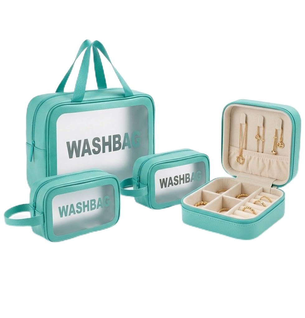 Makeup Organizer Bag Set 3 Different Sizes with Accessories Organizer Case, Clear Makeup Bag Travel Cosmetic Jewelry Organizer for Women Girls (Blue)