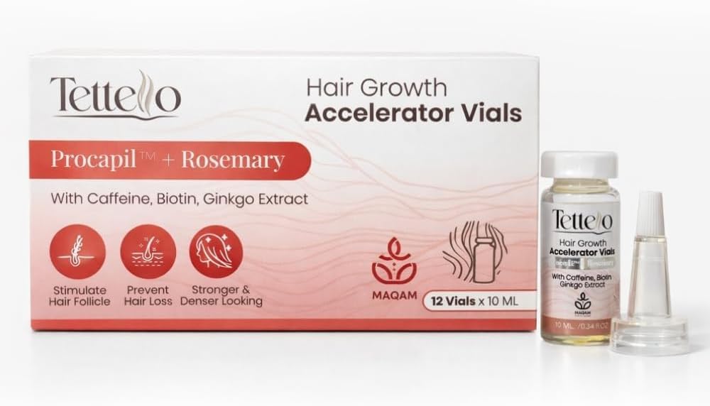 Tettello Hair Growth Accelerator 3 Month Scalp Treatment for Stronger Thicker Hair, Rosemary and Caffeine- 12 Vials -10 ml