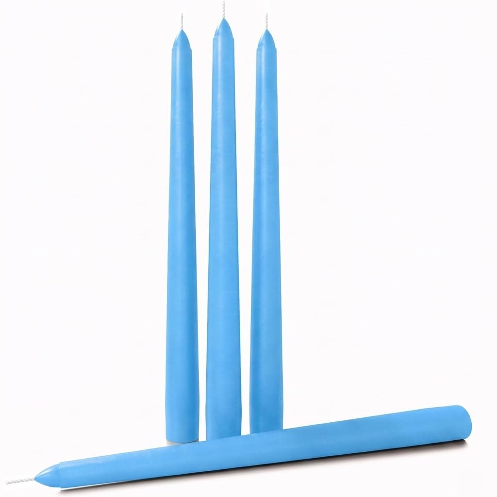 4 Taper Candles – 10-Hour Burn Time Each – 26 cm Tall – Dripless – Smokeless – Fits All Candle Holders – Clean, Even Burning – Perfect for Home Décor | Total Weight: 240gm (4, Sky Blue)