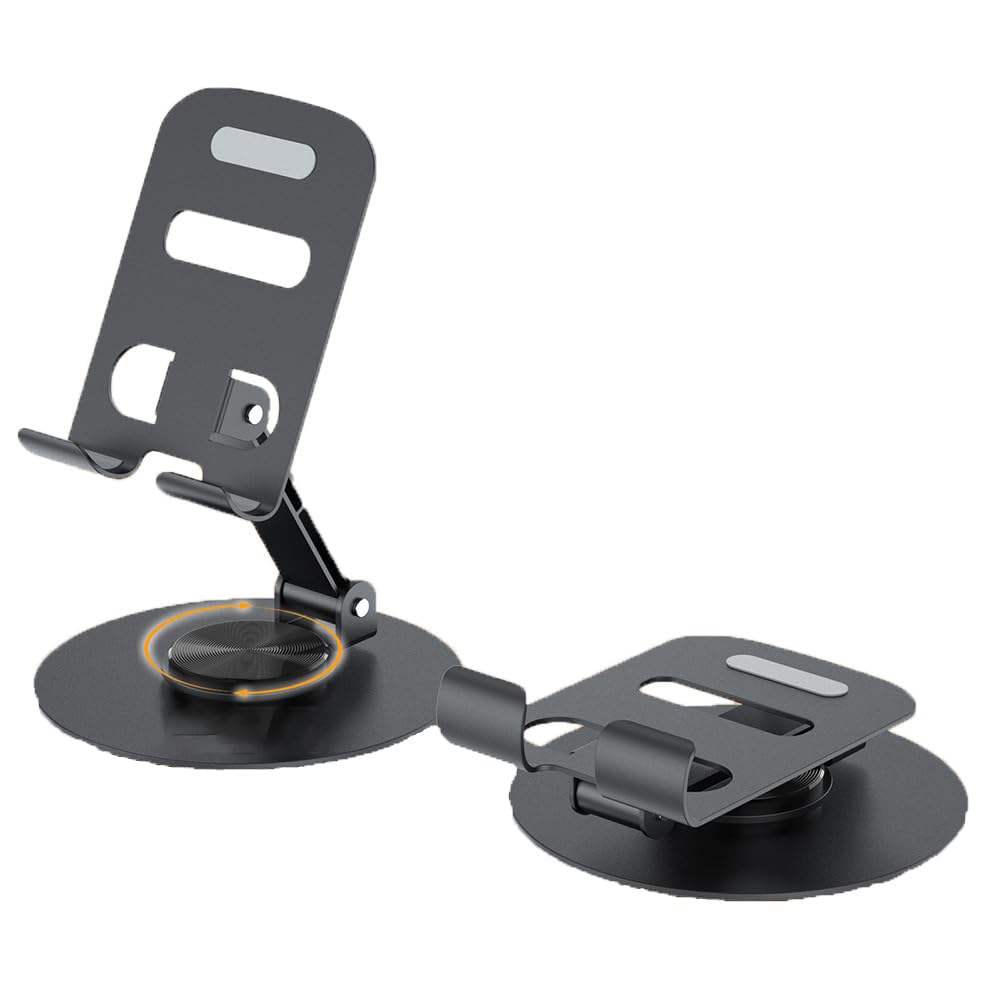 360°Rotating Phone Holder for Desk, Portable & Foldable Cell Phone Stand for Office & Kitchen, Adjustable Tablet Stand for All Mobile Phones, iPhone, iPad (Black)