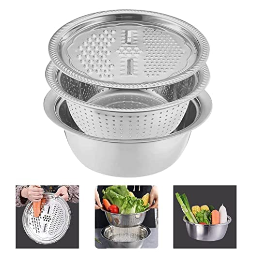 Stainless Steel Drain Basket Vegetable Cutter, 3 in 1 Kitchen Multipurpose Julienne Grater - Salad Maker Bowl