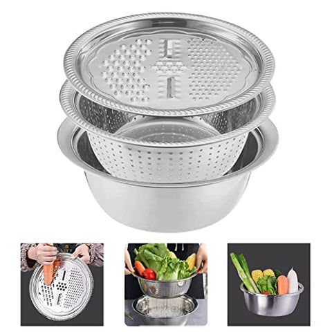 Stainless Steel Drain Basket Vegetable Cutter, 3 in 1 Kitchen Multipurpose Julienne Grater - Salad Maker Bowl
