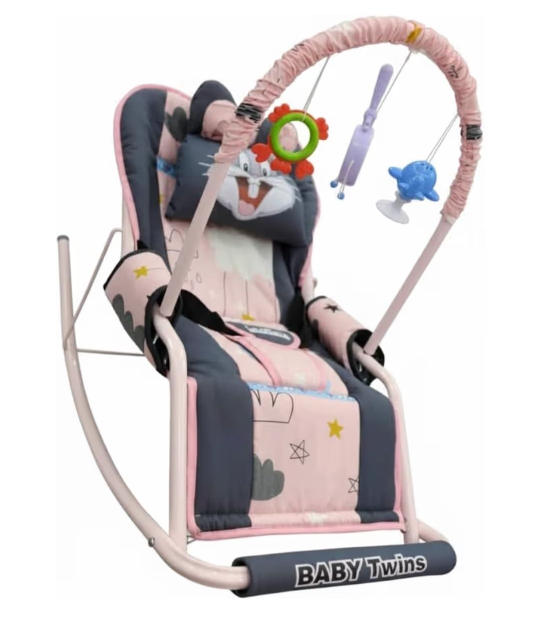 Baby Rocker with Safety Belt and Toy Set, Pink random printed shape