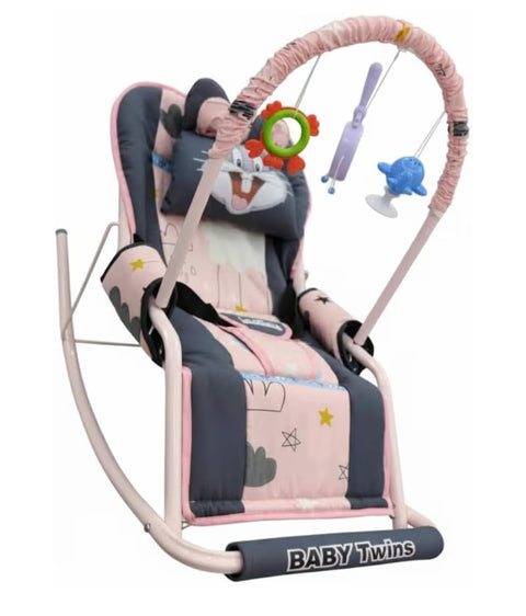 Baby Rocker with Safety Belt and Toy Set, Pink random printed shape