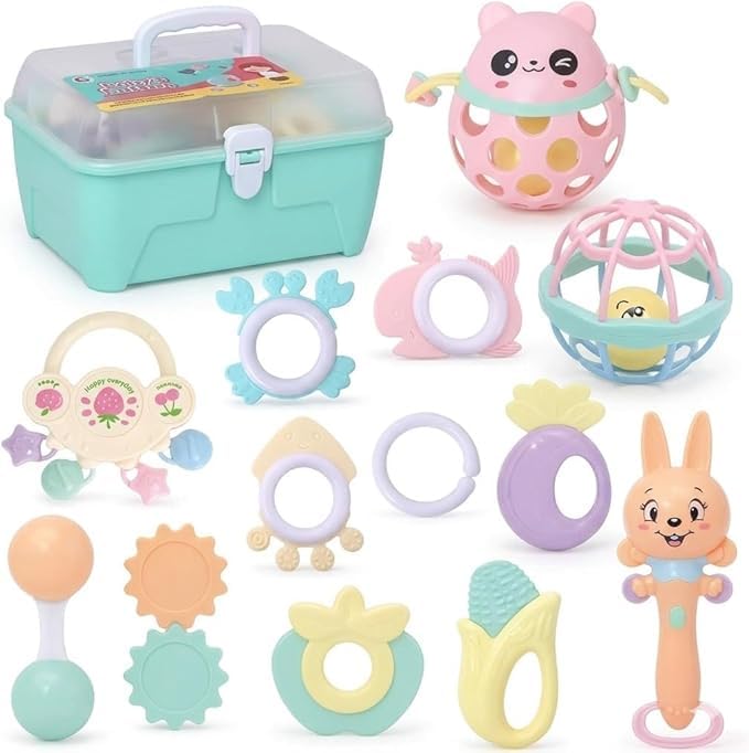 Baby Teething Rattle Toys (11 Pieces) - Baby Teething Toy with Storage Bag - Developmental Toys for Newborn 0-12 Months - Perfect Gift for Newborn and Baby (Boys and Girls)