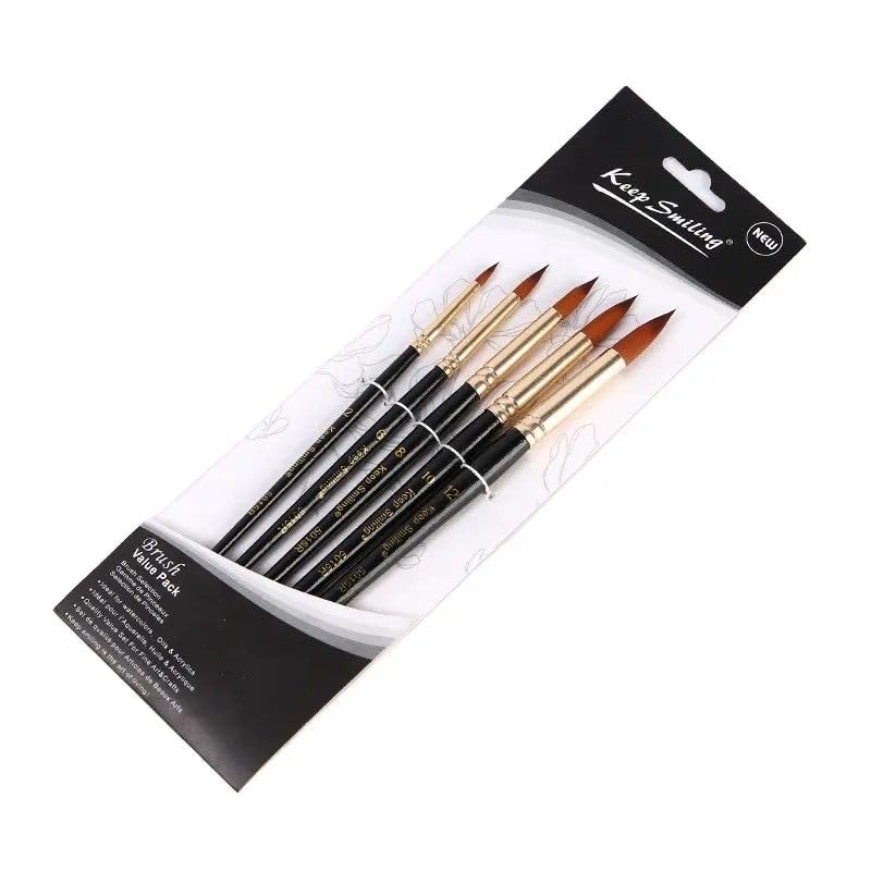 S and A A5015R Keep Smiling Round Paint Brush 5-Piece Set, No. 2/6/8/10/12