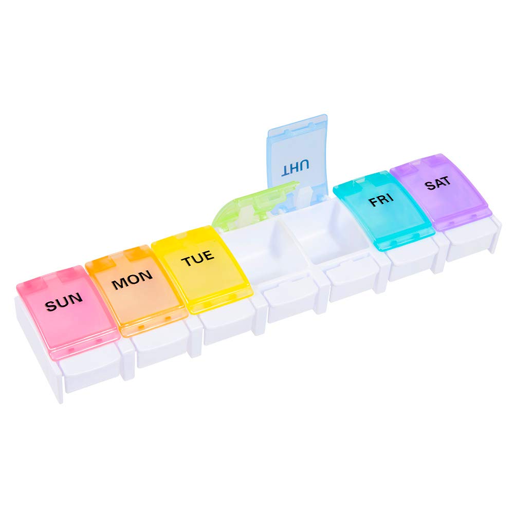 Sukuos Weekly Pill Organizer Detachable, 7-Day Large Daily Pill Cases with Easy Push Button Design and Rainbow Colors for Pills/Vitamin/Fish Oil/Supplements