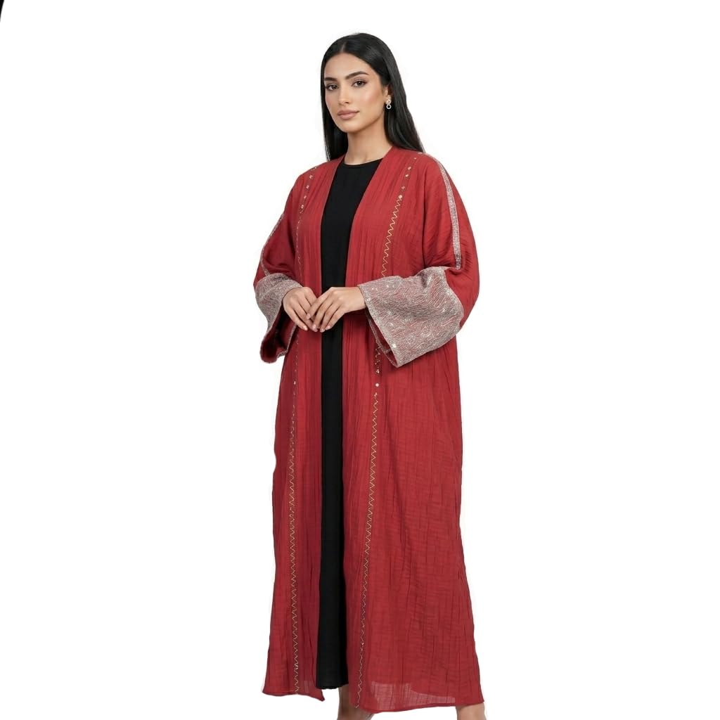 Zeeline Tamara Viscose Beaded Kaftan for Women - Elegant Open Front Abaya with Embroidered Bell Sleeves, Modest Maxi Kimono Overgarment