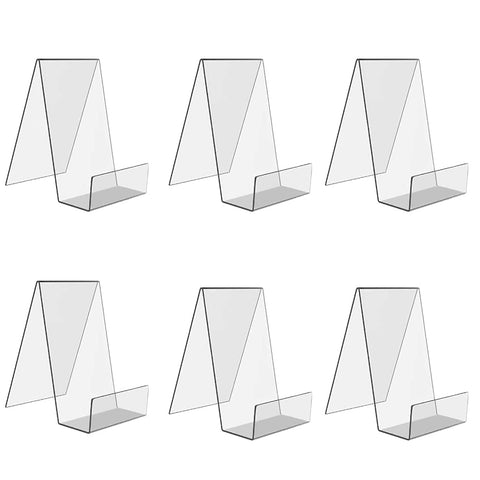 BEST MEDIA 6 Pack Acrylic Book Stands with Ledge, Clear Display Easels for Photos and Tablets, Small Holder for Cookbooks, Art, and Music Sheets, Modern Tabletop Display