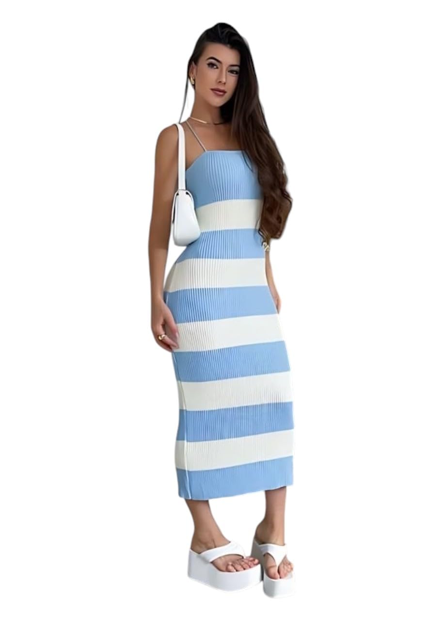 Women's One Size Striped Midi Dress - Elegant Summer Dress - Casual Camisole Dress