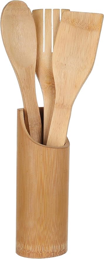 Volura Bamboo Cooking Utensils Set with Stand, 3 Pieces, Natural Wooden Spoons for Kitchen