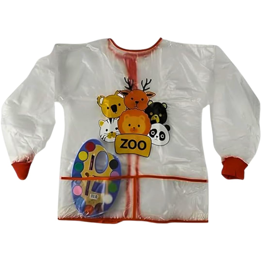 Baby Bibs Waterproof Paint Apron Long Sleeve - Repeated Use, 2 Front Pockets Easy to Use to Keep Baby Clothes (Clear & Printed)+Watercolor Palette