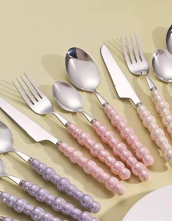 Generic Stainless Steel Spoon Set with Pearl Beaded Handles, 6 Piece, pink .hg