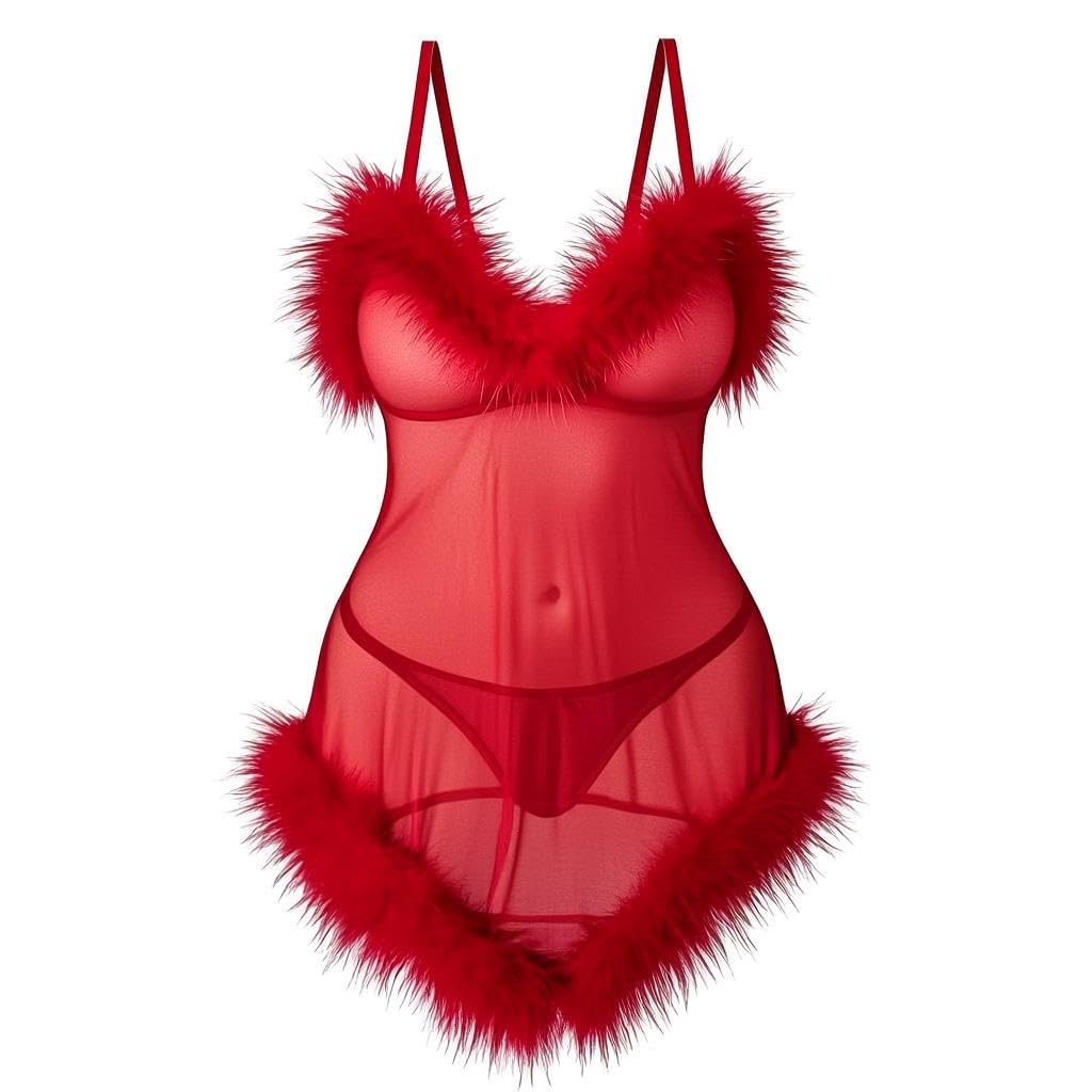 Sheer Babydoll - Elegant red sheer lingerie with delicate feather trim and halter neck design, perfect for intimate moments and romantic evenings.
