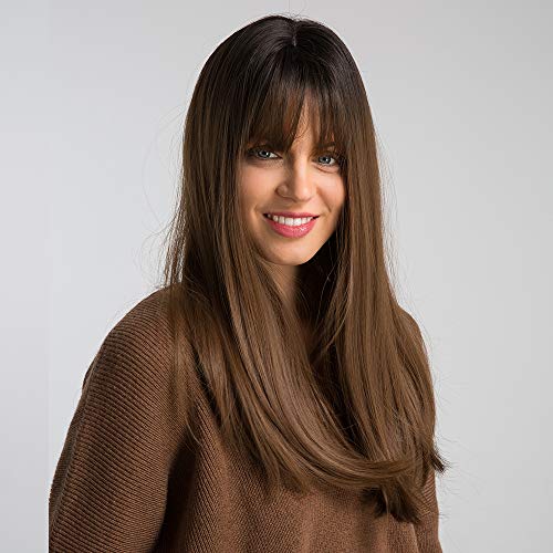 ECIF 20 Inch Nature Straight Ombre Wigs For White Women Black Root With Brown Hair Synthetic Wigs With Blunt Bang(12/35)
