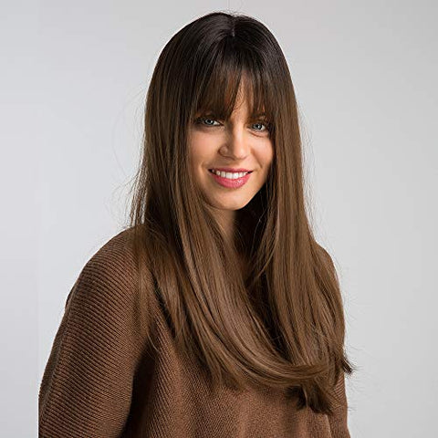 ECIF 20 Inch Nature Straight Ombre Wigs For White Women Black Root With Brown Hair Synthetic Wigs With Blunt Bang(12/35)
