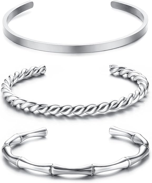 Fayruz Jewelry 18K Gold Plated Stainless Steel Silver/Gold Tone Simple Open Fashion Stackable Smooth Wrap Bracelet 4mm Bracelet Width (Silver)