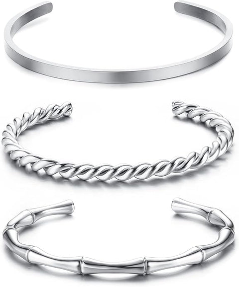 Fayruz Jewelry 18K Gold Plated Stainless Steel Silver/Gold Tone Simple Open Fashion Stackable Smooth Wrap Bracelet 4mm Bracelet Width (Silver)