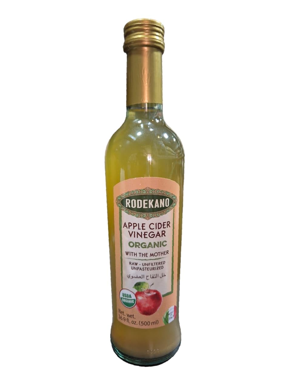 RODEKANO - Organic Apple Cider Vinegar 500 ml, from Italy, unpasteurized, unfiltered, with the mother, USDA certified
