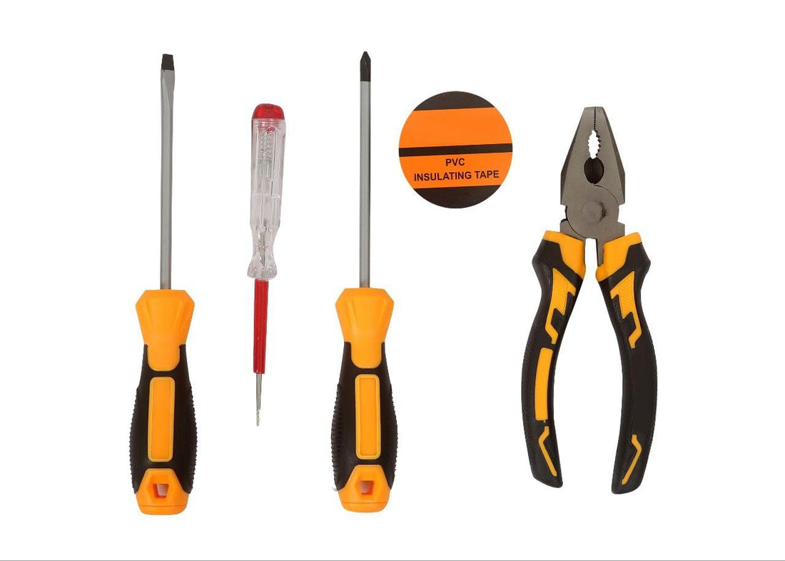 5 Pcs Electric Tool Kit, Plier, Screwdriver (Usually & Cross & Test), PVC Insulation Tape, Black & Orange, DIY & Home