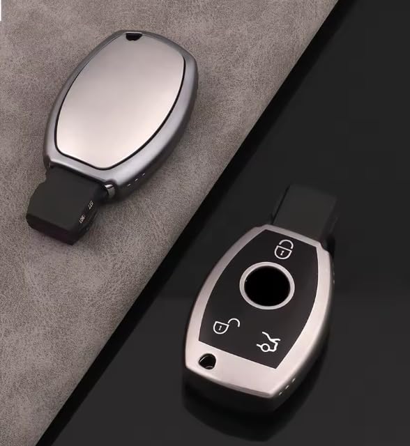 Key Fob Cover – Compatible with Mercedes Benz A B C E S GLA GLK GLS CLS CLA AMG W204 W205 W212 W463 W176 – New Design Protection and Style – 3 Buttons (Silver-Black)