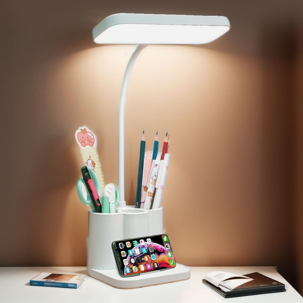 LED Desk Lamp with Pen Holder, Desk Light for Computer/Desktop - White, Rechargeable, Eye-Caring, Flexible Gooseneck - Bedside Table Lamp for Reading, Small Study Lamp for Kids, Home, Office, Dorm