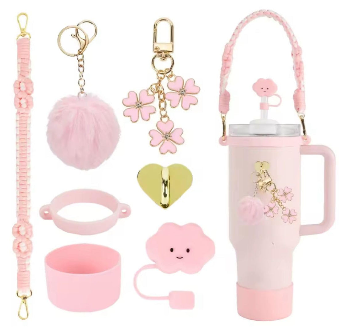Stanley Cup Accessories Set I Water Bottle Handle Strap, Silicone Cup Boot, Lipstick Holder, Keychain Charms & Handle Charms,Straw Topper Accessories for Stanley Cup 40oz/30oz (pink, style1)