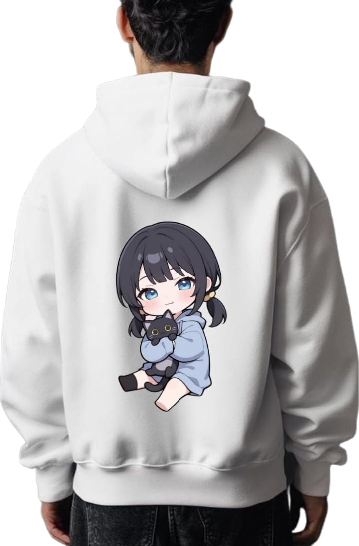 Cute Anime Girl With A Black Cat hoodie back White