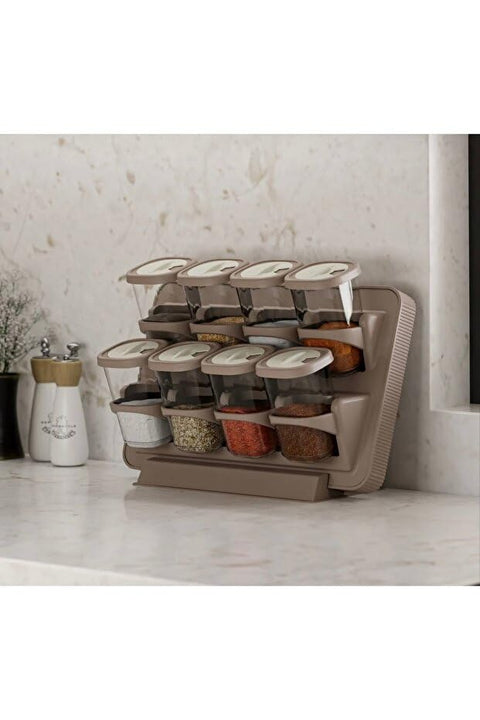 Spice Organizer with Holder and 8 Clear Plastic Jars with Top Spray Holes Space Saving Multi Color Counter Storage Rack Egyptian Style 8 Piece Spice Rack Set for Easy Access