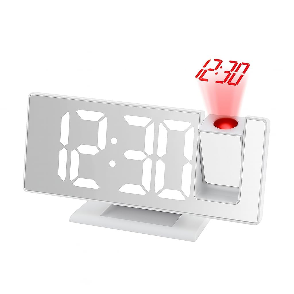 Led Mirror Clock with Projector, Digital Alarm Clock with Time Temperature Date Display, Large Mirror Screen, 3-Level Projection Brightness, 180° Adjustable, Snooze for Bedroom Office (White)