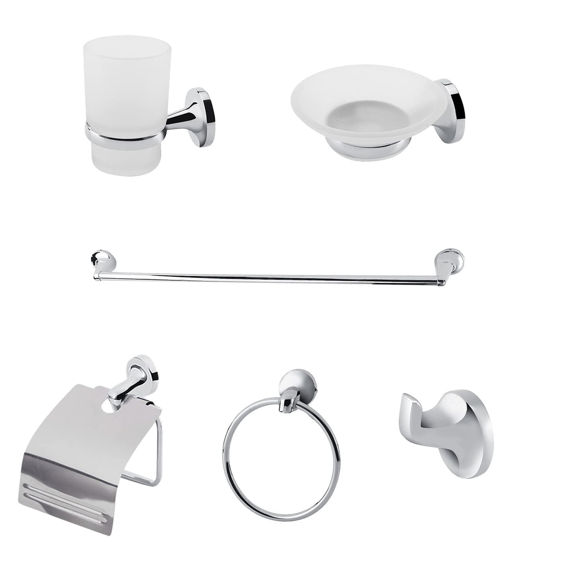 Bathroom Hardware Set, 6 Pieces Stainless Steel Bathroom Accessories Set, Wall Mounted Bathroom Toilet Roll Holder, Towel Ring, Soap Dish, Hook, Glass Tumbler with Toothbrush Holder, Towel Rail Set